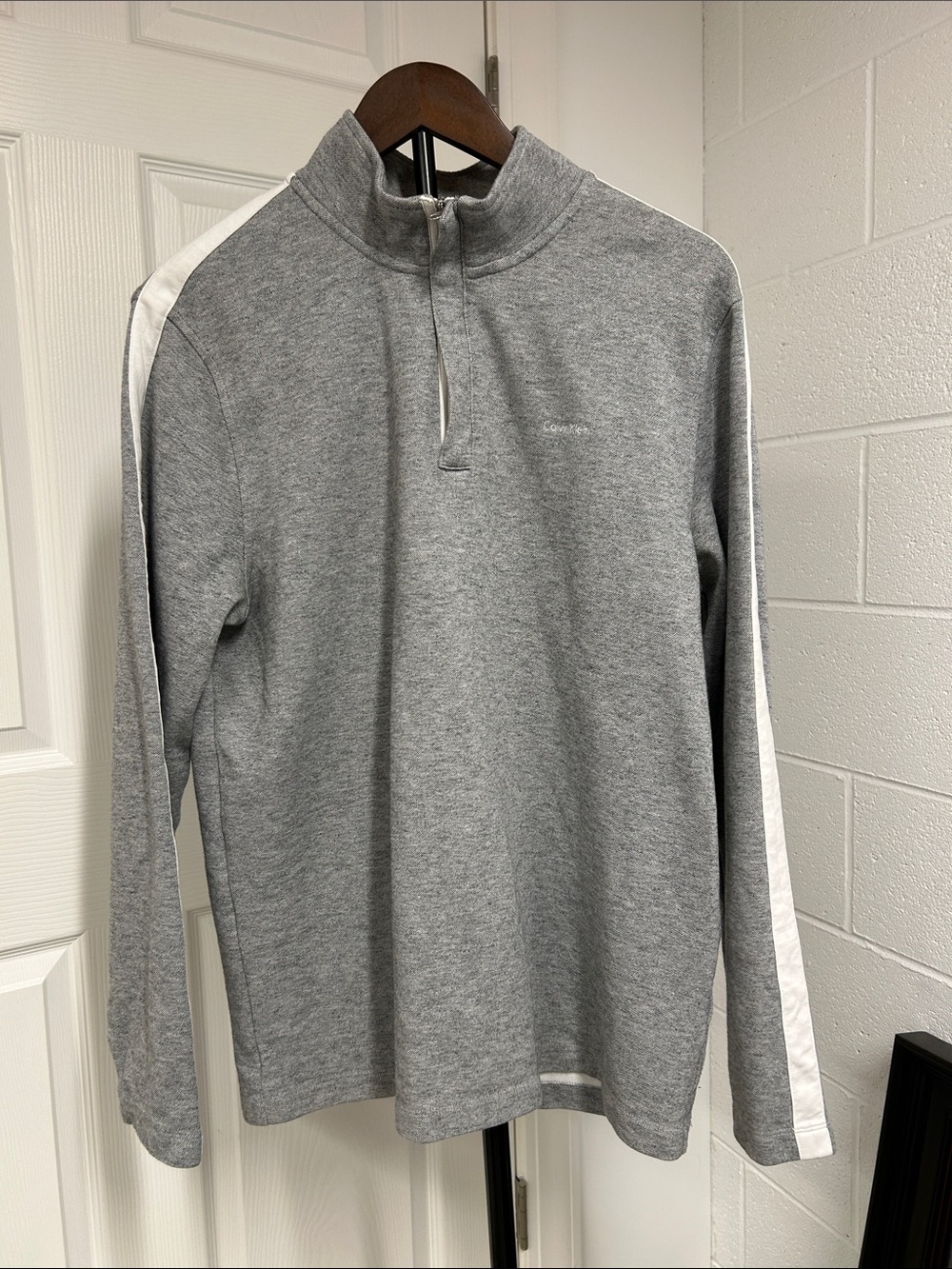 Calvin Klein Men's Gray Quarter-Zip Pullover with White Sleeve Stripe